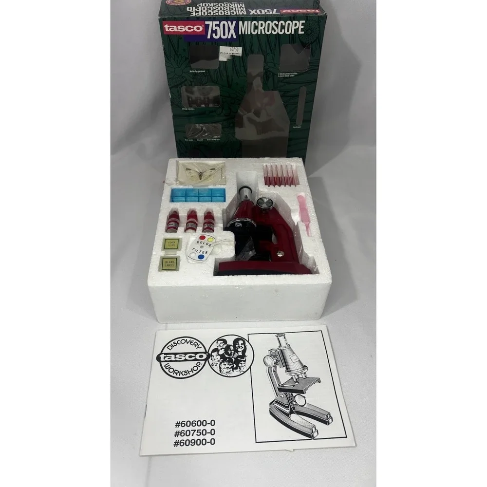 1990 Tasco Vintage Microscope 750x -butterfly Specimen, Shrimp Hatchery, Slides